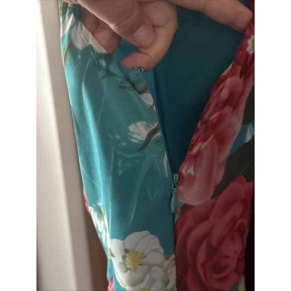 Evan Picone Lined Side Zip Dress Floral Teal Pockets Gathered Waist Size 14 - Picture 10 of 10
